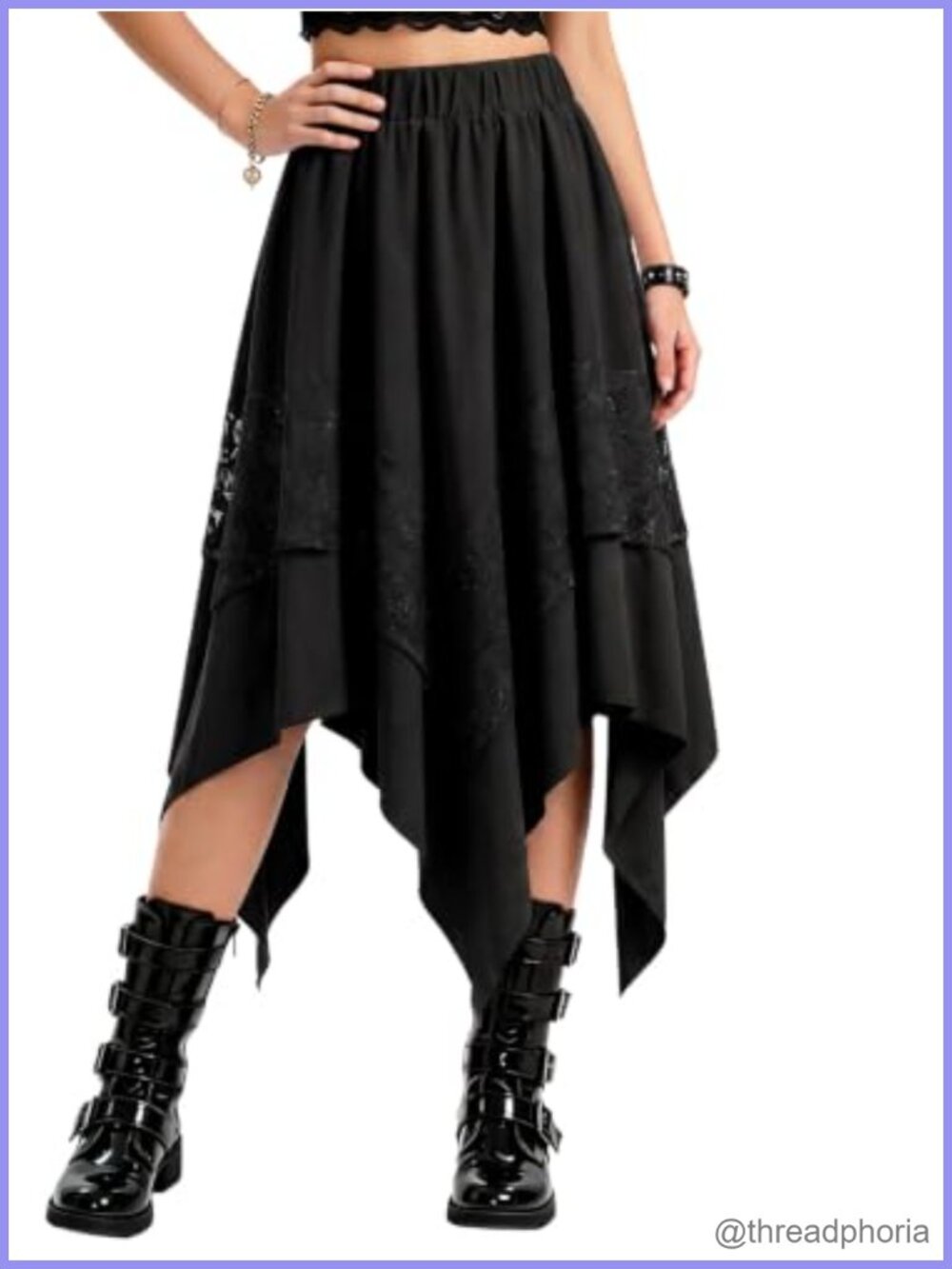 Lace Accent Asymmetrical Hem Flowy A-Line Midi Skirt Renaissance Goth